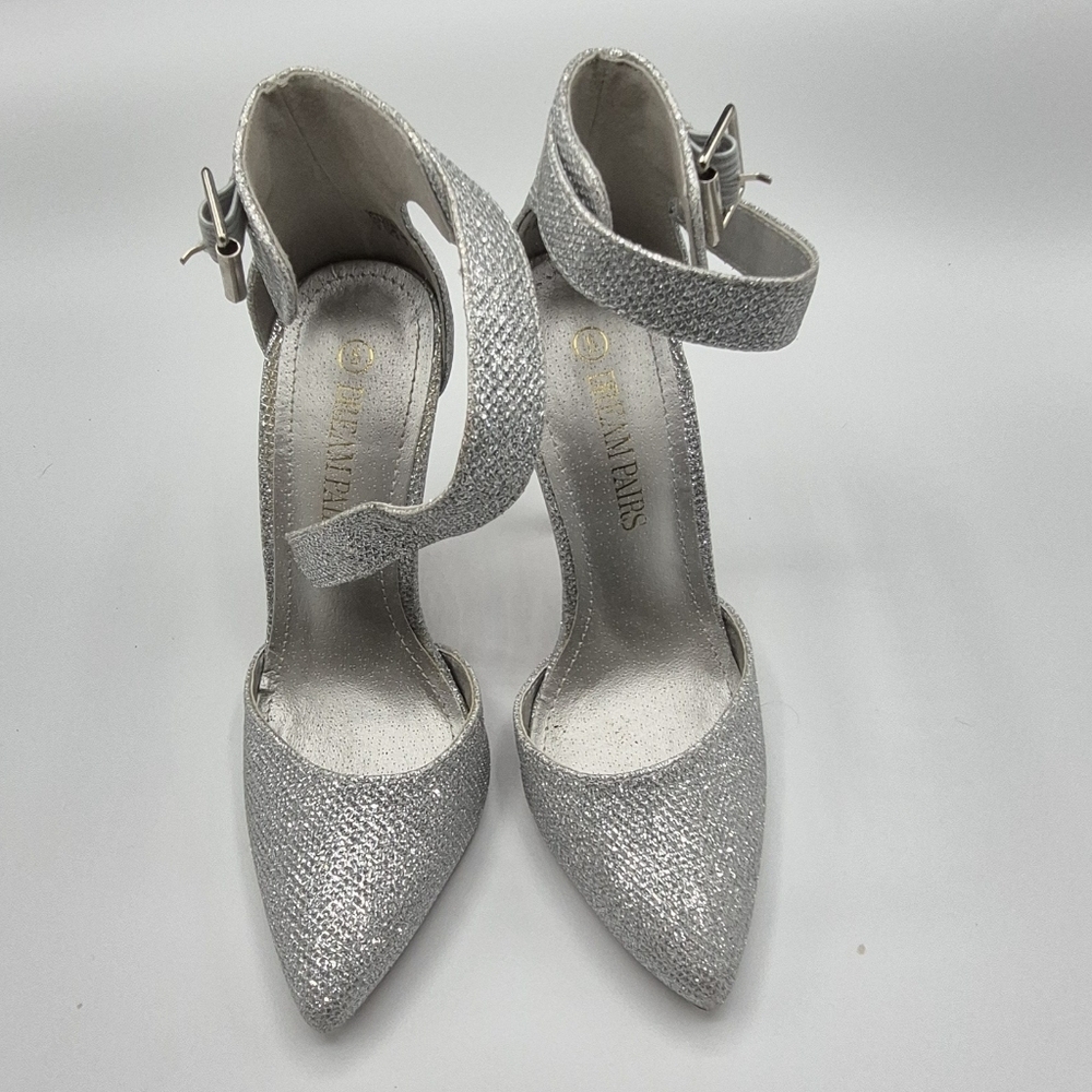 Dream Pairs Silver Glitter Pointed-Toe Ankle-Strap Heels